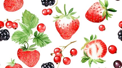 Seamless watercolor pattern featuring strawberries red and black currants on a white background