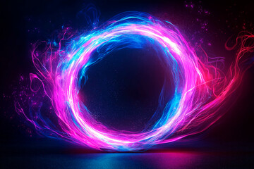 Neon circular light trail with vibrant colors on dark background. Ai generative.