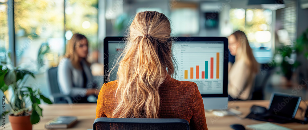 Poster businesswoman working on computer with bar chart on screen in office.
