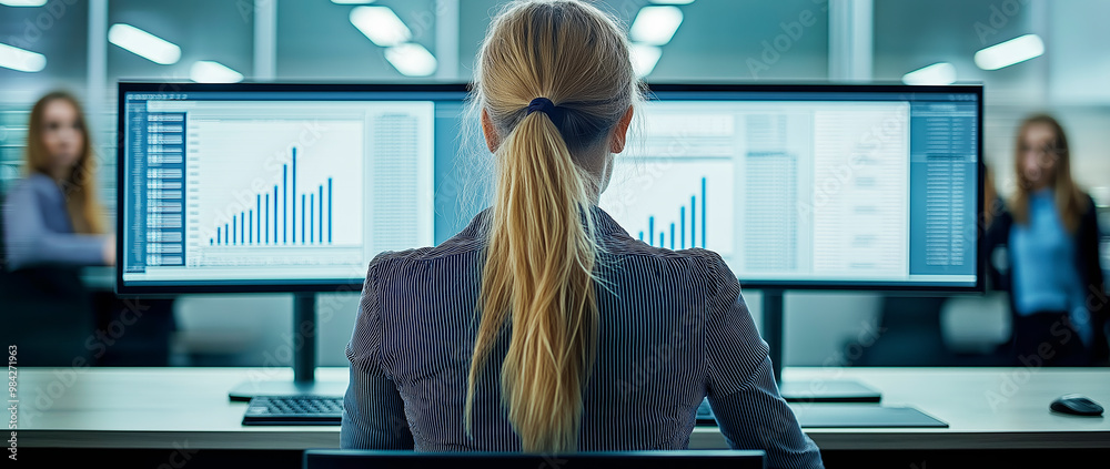 Poster woman analyzing data on dual monitors in an office environment.
