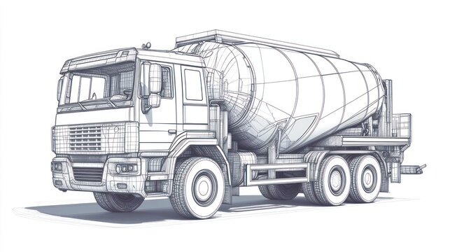recommend clip art: A detailed line drawing of a concrete mixer truck.