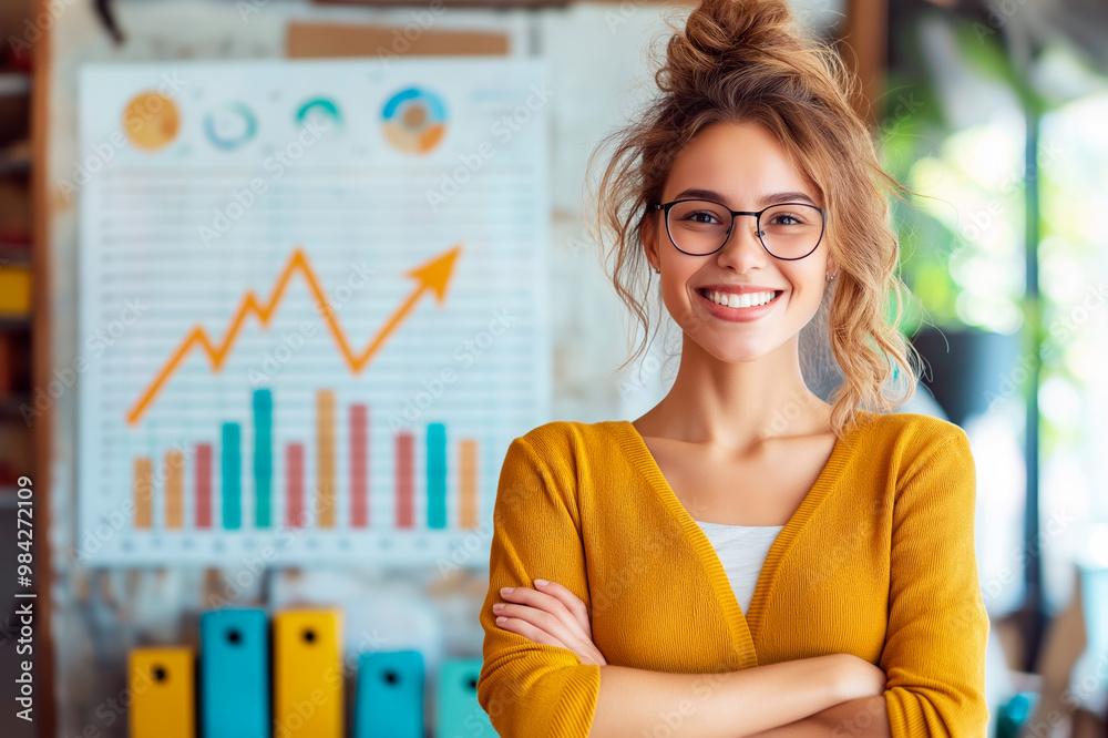 Poster smiling woman in a yellow sweater with glasses standing in front of a business graph chart backgroun