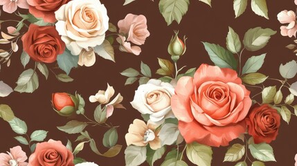 Seamless floral pattern featuring a variety of rose flowers and green leaves against a brown background