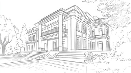 Line art illustration depicting 3D architectural sketch design