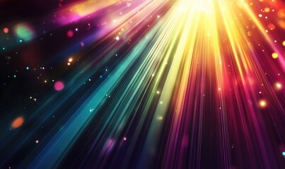 Abstract digital illustration featuring a background of multicolored rays of light