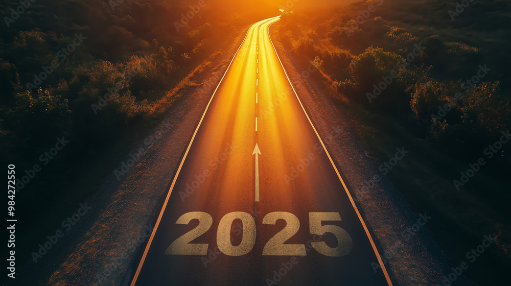 Wall mural 2025 New Year road trip travel and future vision concept . Nature landscape with highway road leading forward to happy new year celebration in the beginning of 2025 for fresh