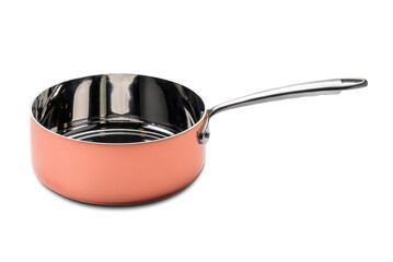 Copper and steel casserole pan for professional induction cooking, isolated