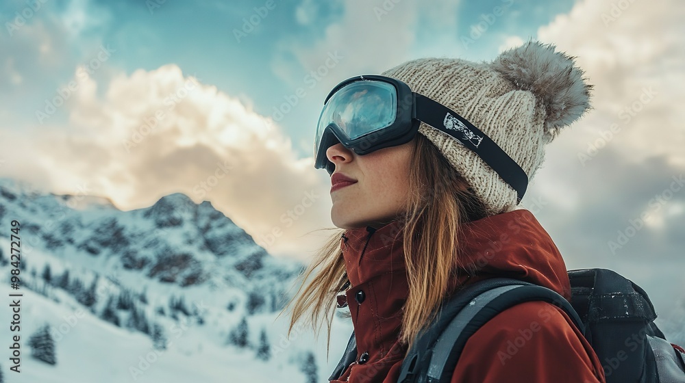 Canvas Prints portrait of woman in warm clothes and ski goggles looking away while standing against snowy mountains in winter