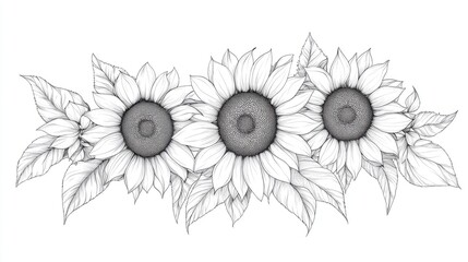 Sunflower Line Drawing Floral Frame Art Fine Line Flower Illustration Hand Drawn Outline Botanic Elegant Floral Design for Invitations or Coloring Pages