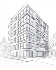 Line art illustration depicting a modern architectural building in a 3D drawing style