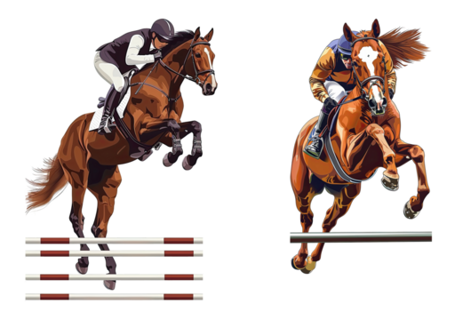 Equestrian sport: set rider in jumping show (isolated on white). horse, barrier