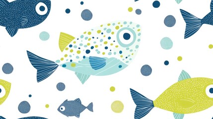 Fototapeta premium Adorable illustration featuring line drawn fish with polka dots in white green and blue hues Raster format