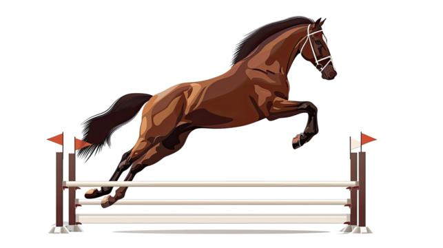 Equestrian sport: rider in jumping show (isolated on white). horse, barrier
