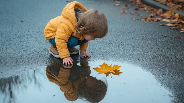 Child looking at their reflection in a puddle with autumn leaves