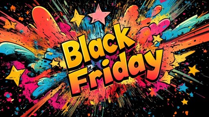 Fototapeta premium Dynamic and colorful Black Friday text exploding with stars and confetti