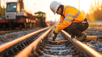 A construction worker in a hard hat and reflective vest kneels on railroad tracks and uses a tool to inspect the tracks during the golden hour.