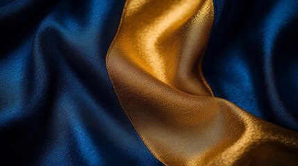 Elegant draped fabric in navy blue and gold flowing together, creating a rich texture and luxurious appearance for backgrounds.