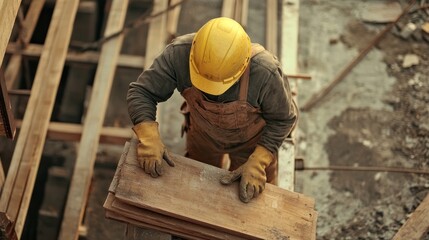A construction worker in a yellow hard hat and brown overalls is working on a wooden structure. He is holding a piece of wood in his hands and looking down at it.