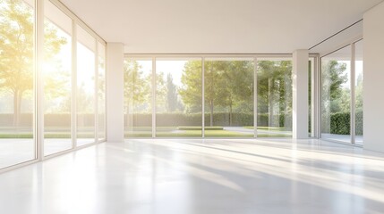 Obraz premium An open and bright empty room, bathed in natural light from large floor-to-ceiling windows
