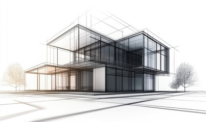 Line art depiction of contemporary architectural design in 3D format