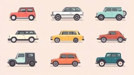 Charming and whimsical collection of vehicles with a flat, minimalist visual aesthetic. These adorable cars exude cuteness and simplicity, capturing the essence of cartoonish charm