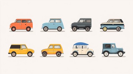 Charming and whimsical collection of vehicles with a flat, minimalist visual aesthetic. These adorable cars exude cuteness and simplicity, capturing the essence of cartoonish charm