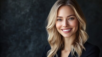 A portrait of a young woman with a bright smile, looking confidently at the camera.