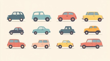 Fototapeta premium Charming and whimsical collection of vehicles with a flat, minimalist visual aesthetic. These adorable cars exude cuteness and simplicity, capturing the essence of cartoonish charm