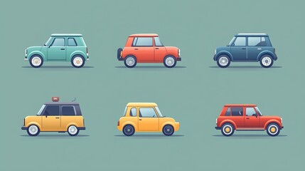 Fototapeta premium Charming and whimsical collection of vehicles with a flat, minimalist visual aesthetic. These adorable cars exude cuteness and simplicity, capturing the essence of cartoonish charm