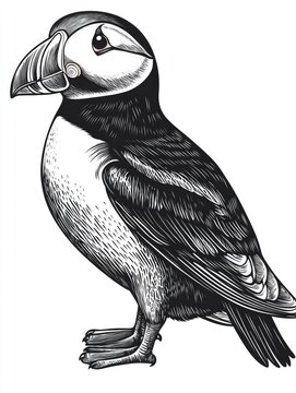 recommend clip art: Black and white line art illustration of an engraved puffin showcasing intricate details in an isolated design