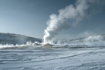 Obraz premium Geyser erupting amid winter landscape in Yellowstone National Park