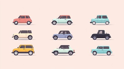 Charming and whimsical collection of vehicles with a flat, minimalist visual aesthetic. These adorable cars exude cuteness and simplicity, capturing the essence of cartoonish charm