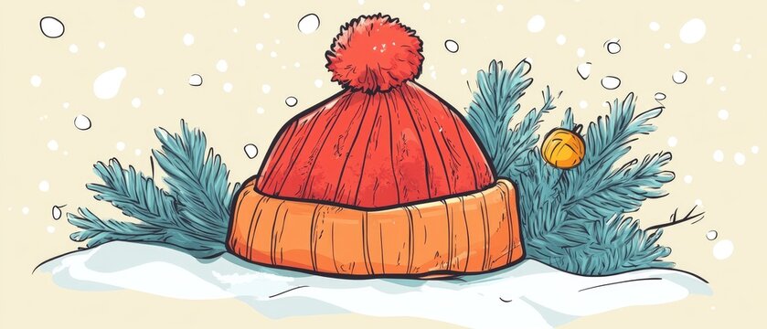 red winter hat on snow with fir clip art preview