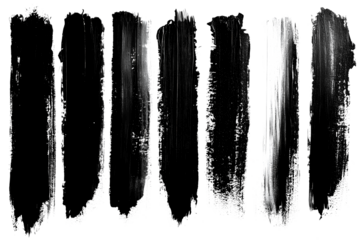 Seven different black paint strokes arranged in a horizontal line, each stroke featuring varied textures and artistic styles.
