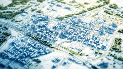 A detailed model of a city with buildings, roads, and trees.