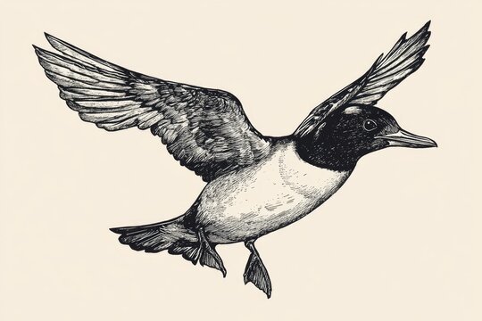 recommend clip art: Line art illustration of a Black Guillemot featuring a bill that is significantly shorter than the head and comparable in length to the tarsus in a vintage drawing style