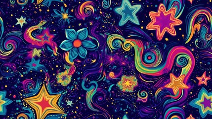 Fototapeta premium Abstract seamless pattern featuring a twisted psychedelic design with stars spirals flowers and decorative ornaments ideal for various fabrics prints or creative applications in vibrant colors
