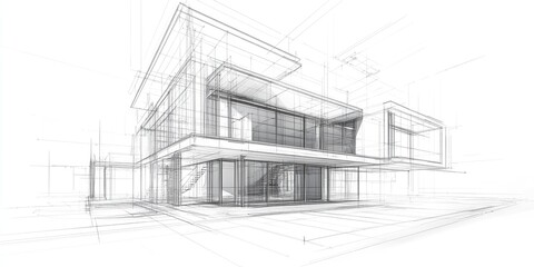 Line art illustration depicting a conceptual sketch of architectural house building design in 3D