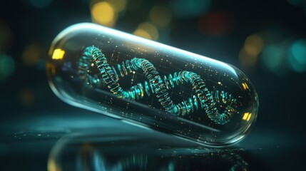A glass capsule with a glowing DNA strand inside, representing genetic research and genetic engineering.