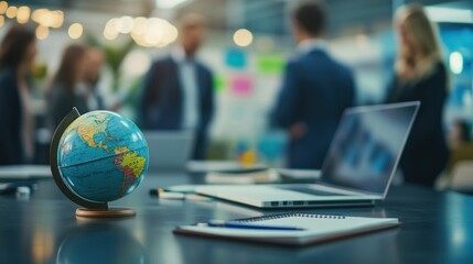 A globe sits on a table in a modern office, with blurred images of colleagues working in the background.