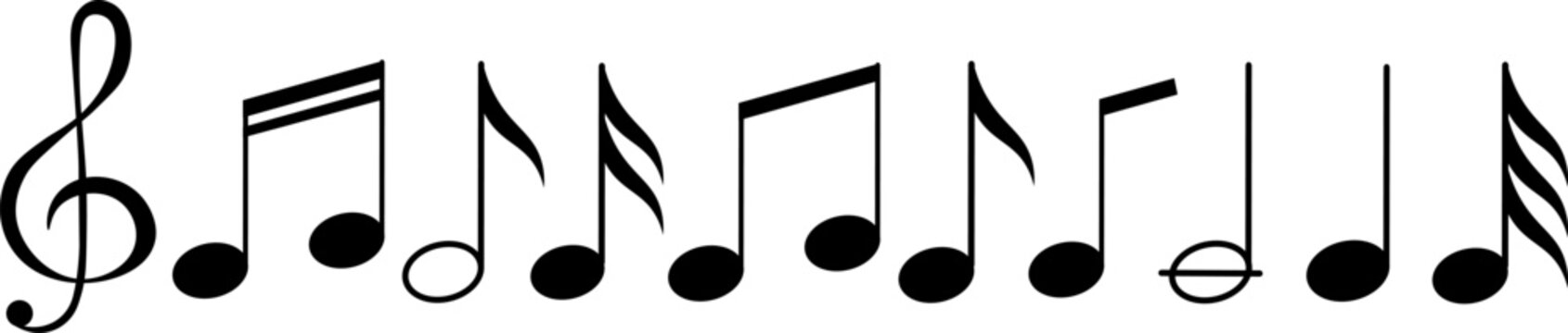 Set of musical notes icons. Treble clef on sheet music. Black musical notes signs. Vector illustration