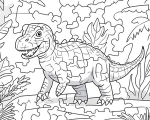Line art illustration of a connect the dots puzzle worksheet featuring a dinosaur for kids