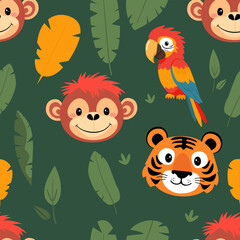 Seamless pattern of Jungle Animals with Monkey, Tiger, and Parrot
