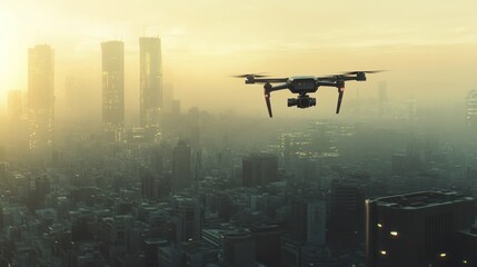 A drone flies over a city skyline at sunset.