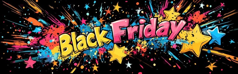 Dynamic and colorful Black Friday text exploding with stars and confetti