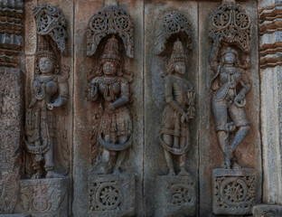 Intricate carvings and sculptures of the Hoysala temples in Belur, India.