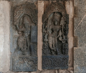 Intricate carvings and sculptures of the Hoysala temples in Belur, India.