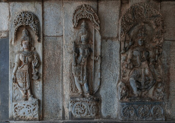 Intricate carvings and sculptures of the Hoysala temples in Belur, India.
