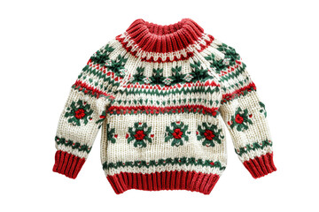 The cute Christmas-themed warm knitted sweater decorated red and green color, isolated on transparent background.