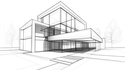 Line art depiction of contemporary architectural design in 3D representation